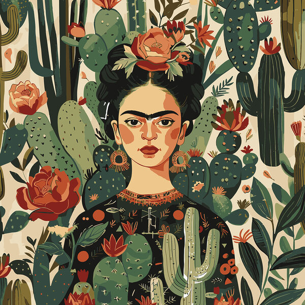 O pictură a unei femei cu cactuși O pictură a unei femei cu cactuși