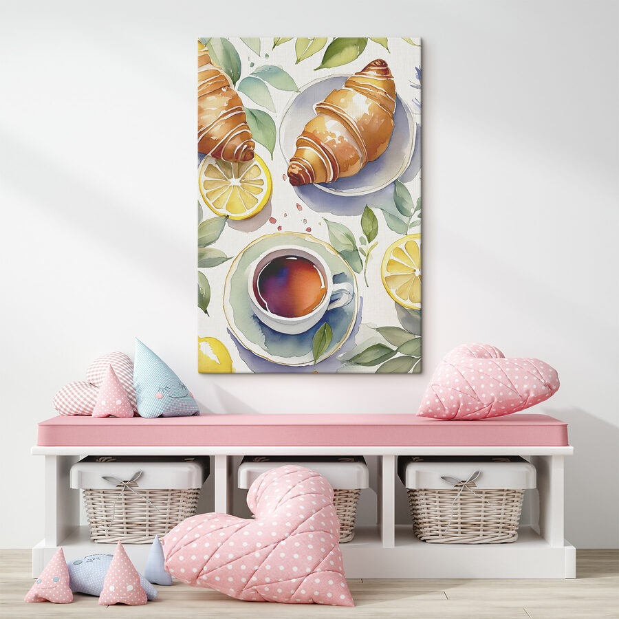 Acuarelă de un croissant și o ceașcă de ceai