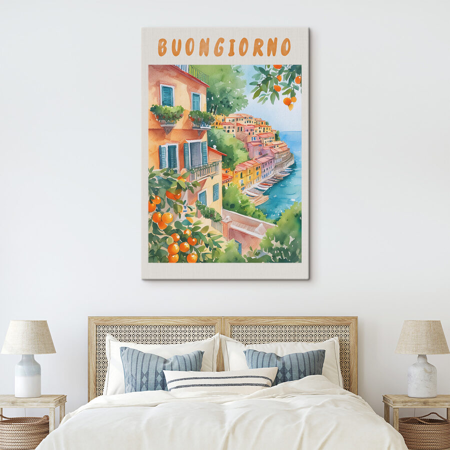 Watercolor painting of a town by the water Watercolor painting of a town by the water