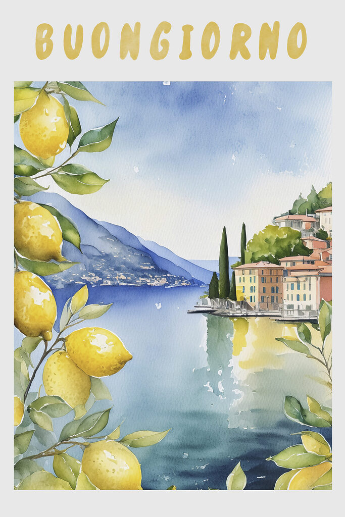 Watercolor painting of a city and a body of water