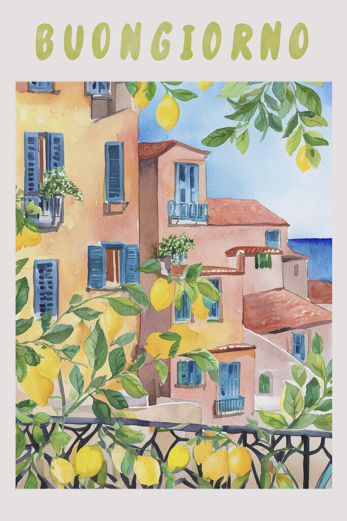 Watercolor painting of buildings and lemons on a sunny day Watercolor painting of buildings and lemons on a sunny day