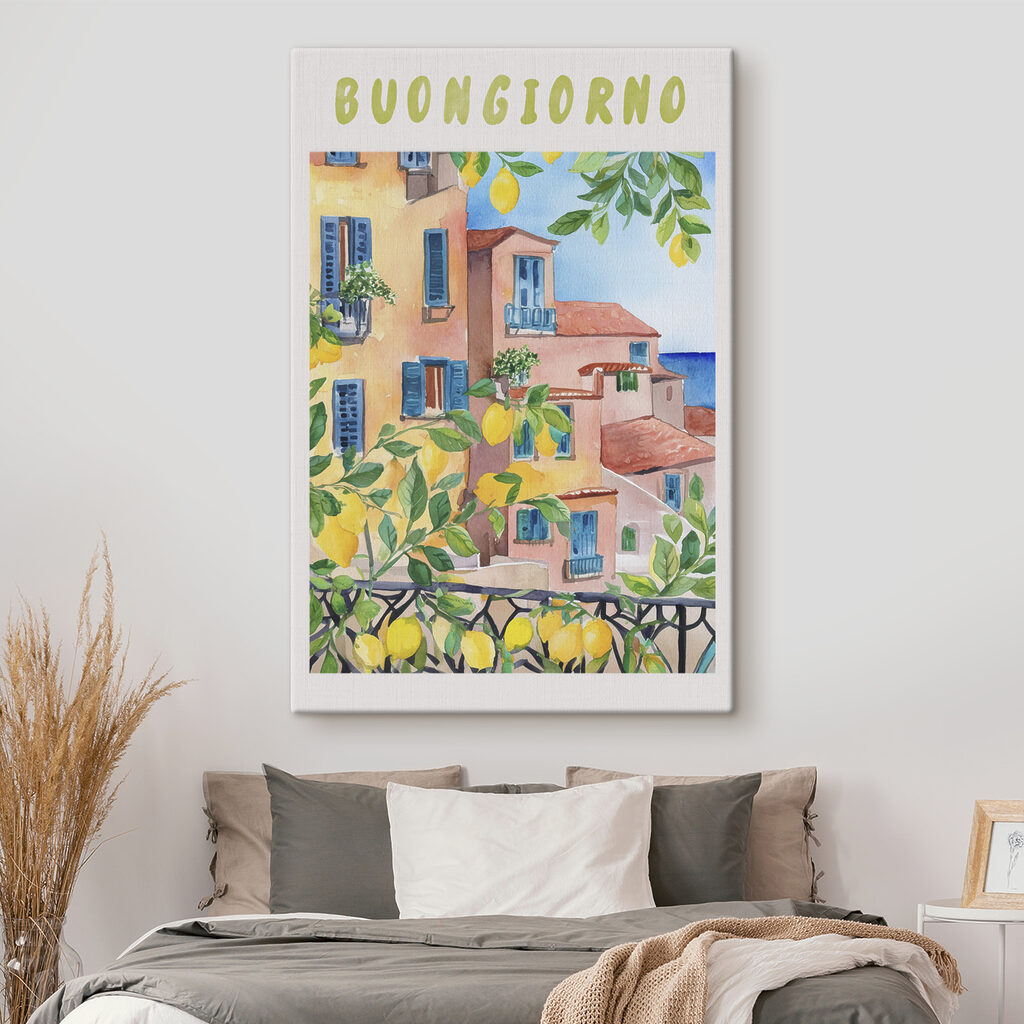 Watercolor painting of buildings and lemons on a sunny day Watercolor painting of buildings and lemons on a sunny day