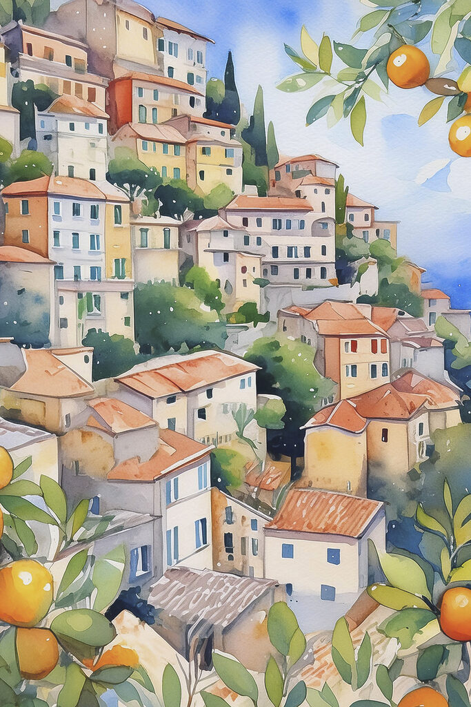 Watercolor painting of a city with oranges