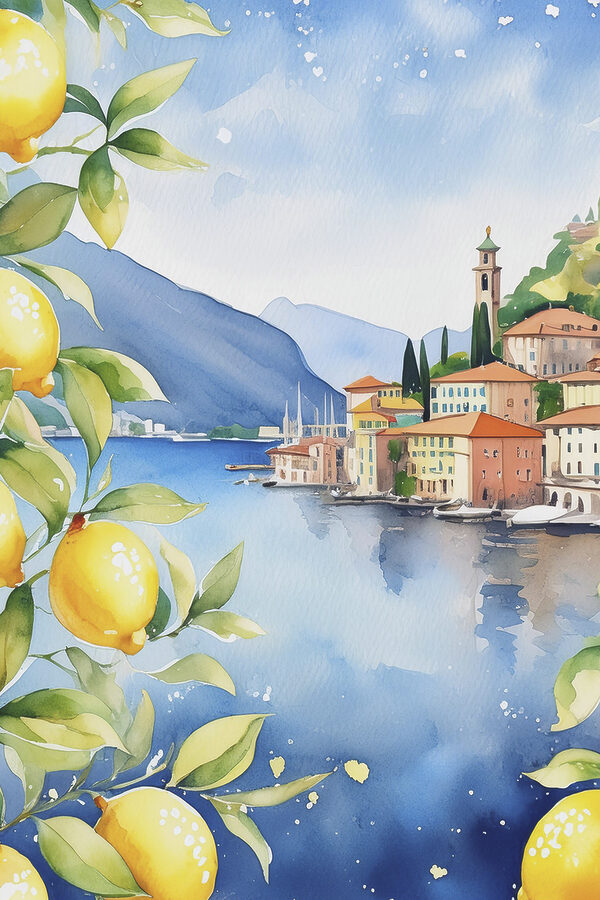 Watercolor of a city by a body of water