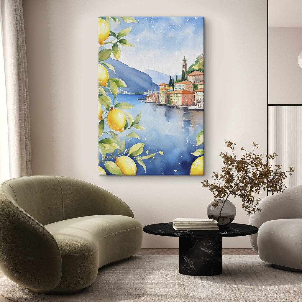 Watercolor of a city by a body of water