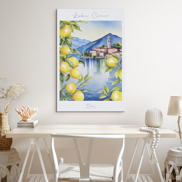 Watercolor painting of a city and mountains with yellow lemons Watercolor painting of a city and mountains with yellow lemons