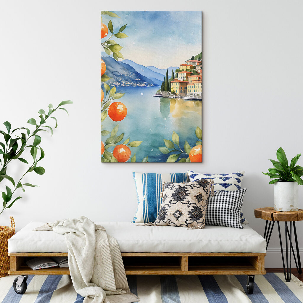 Watercolor of a town next to a body of water