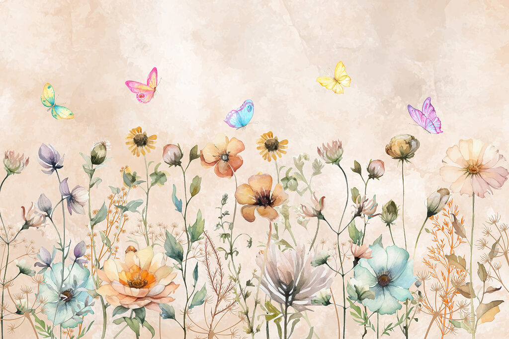 A painting of flowers and butterflies