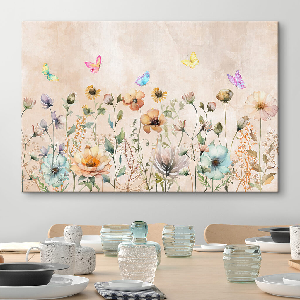 A painting of flowers and butterflies