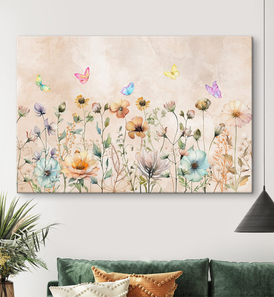 A painting of flowers and butterflies