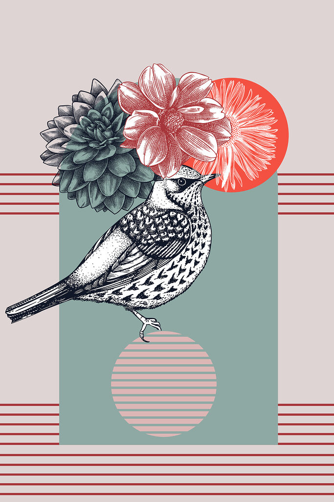 A bird with flowers on its head