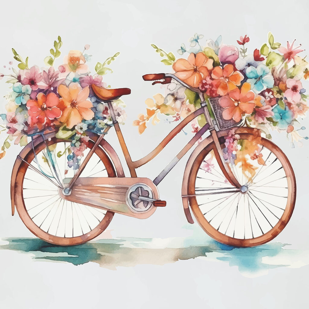 A watercolor painting of a bicycle with flowers on it