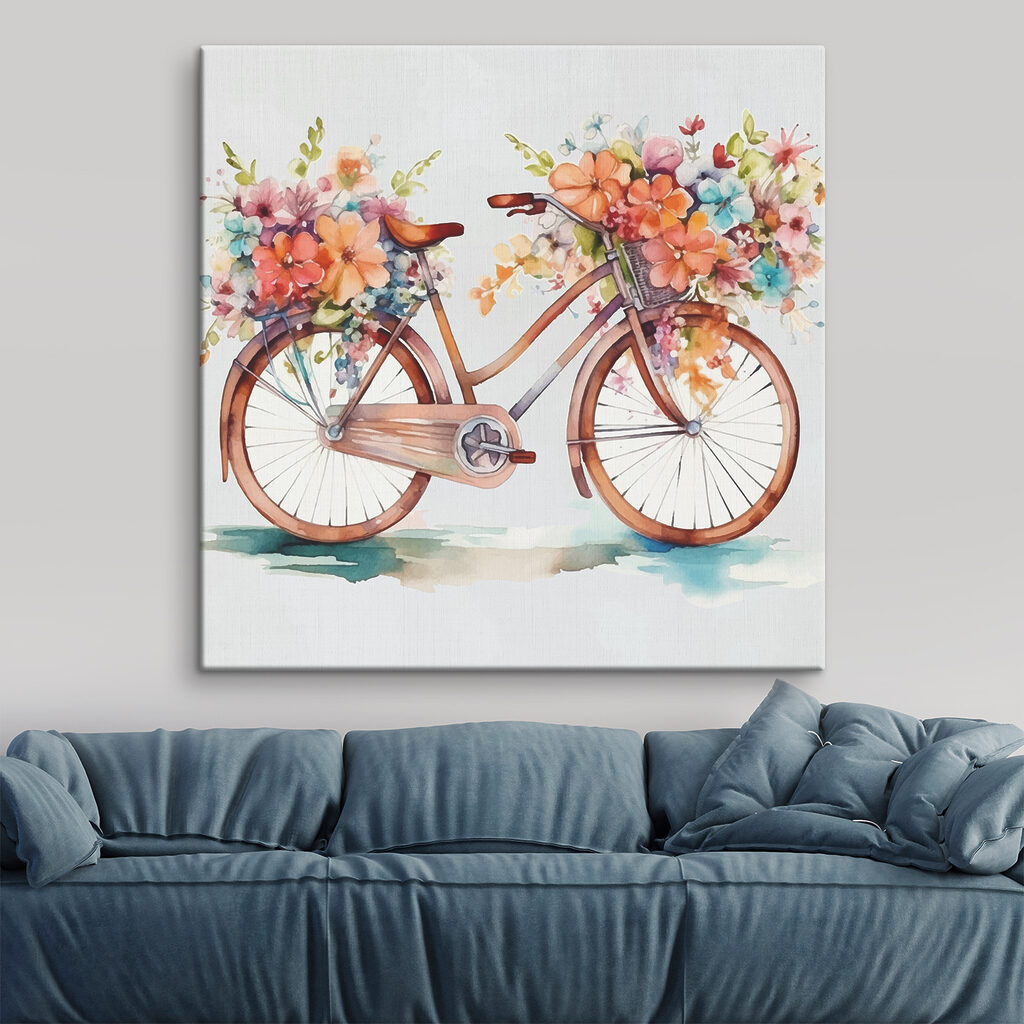 A watercolor painting of a bicycle with flowers on it