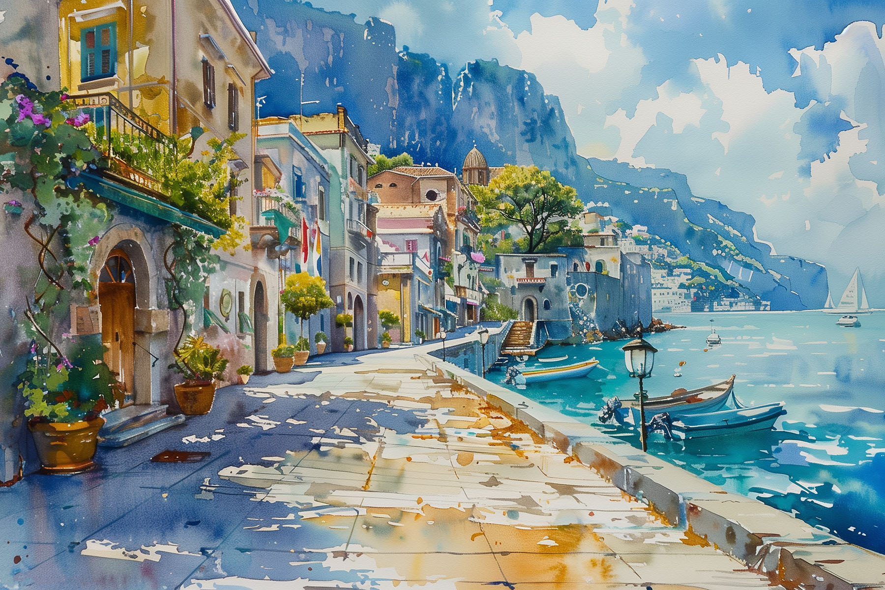 Watercolor of a city along a body of water