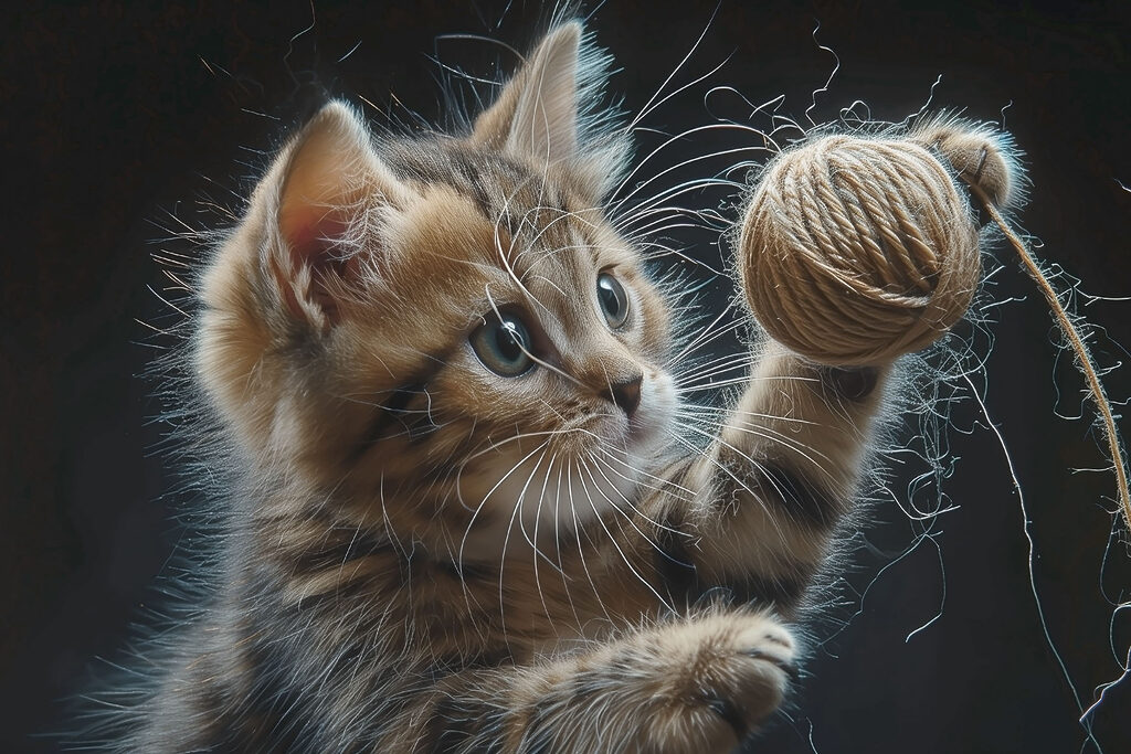 A cat playing with a ball of yarn
