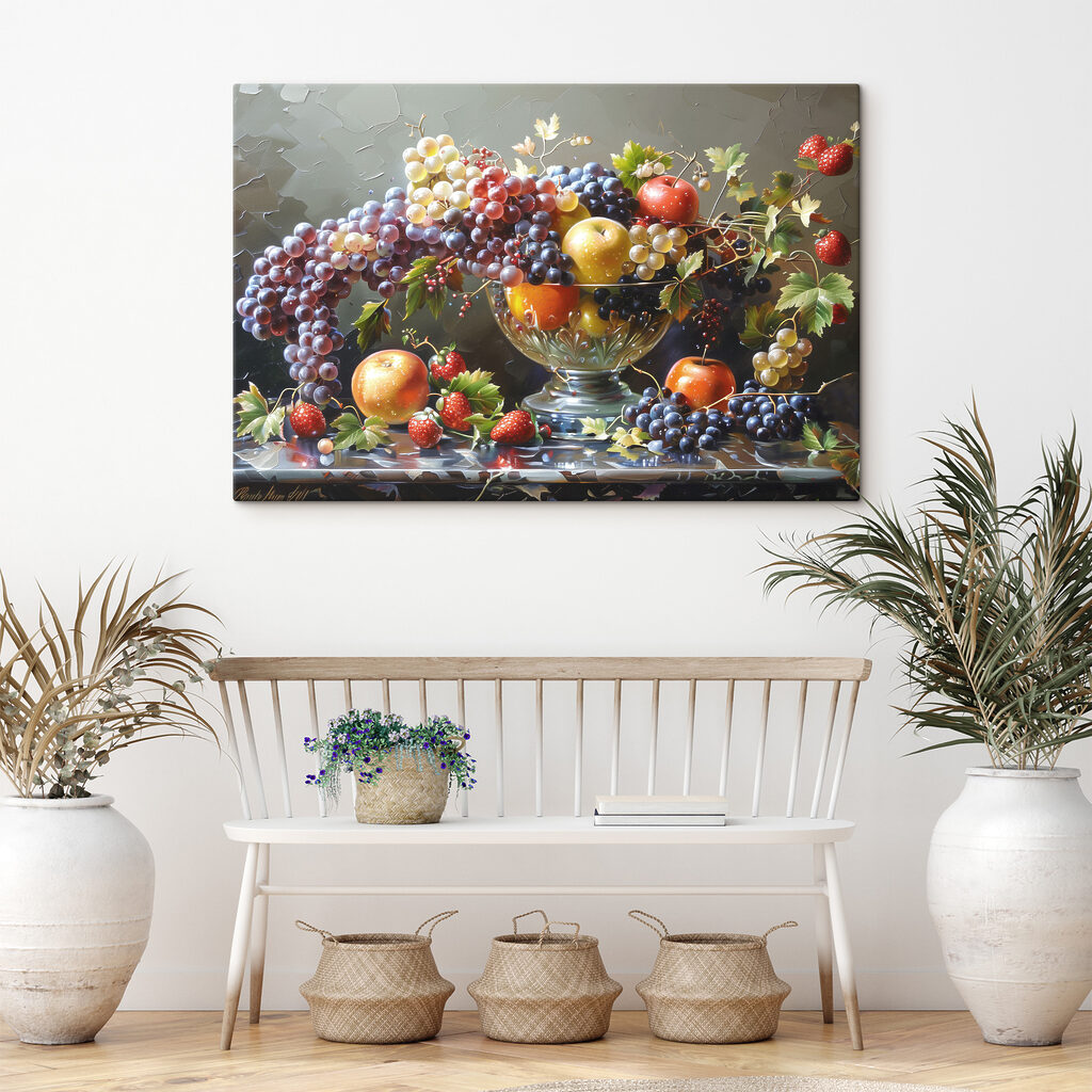 A painting of fruit in a bowl