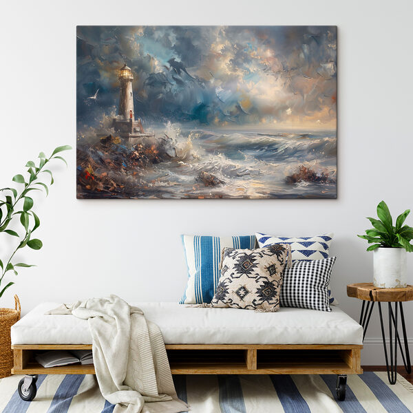 O pictură a unui far în ocean O pictură a unui far în ocean