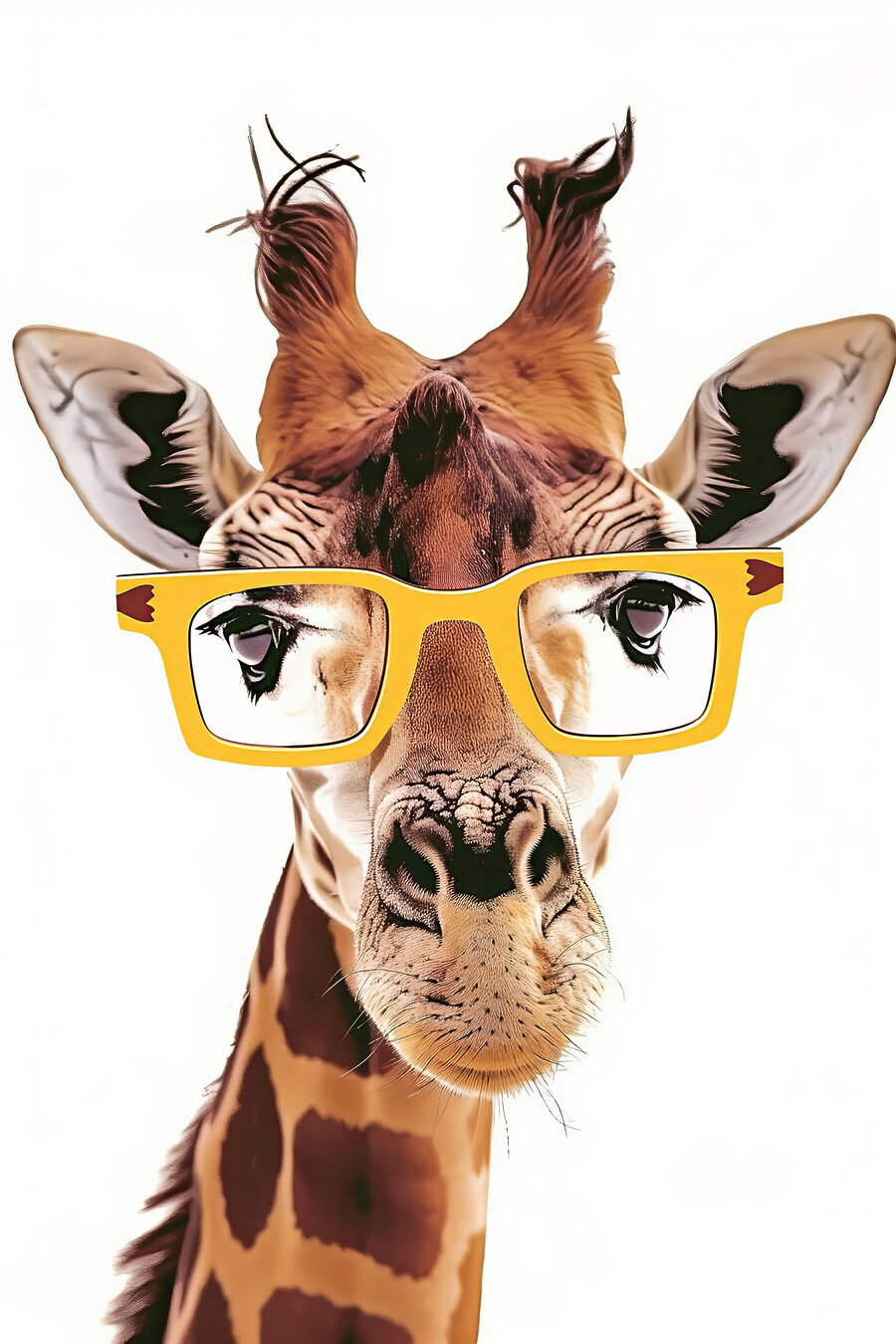 O girafă care poartă ochelari galbeni