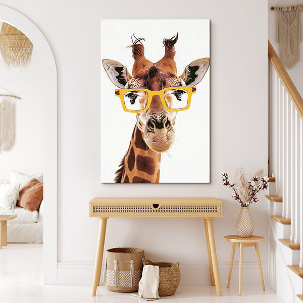 O girafă care poartă ochelari galbeni O girafă care poartă ochelari galbeni