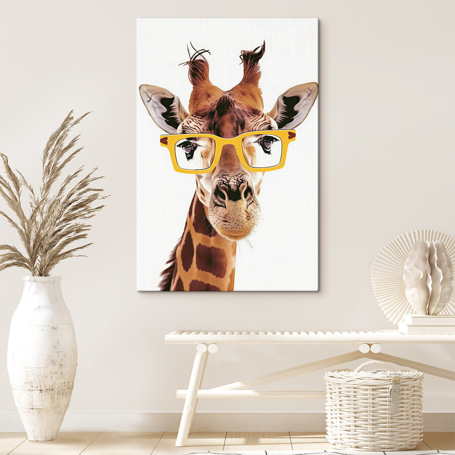 O girafă care poartă ochelari galbeni