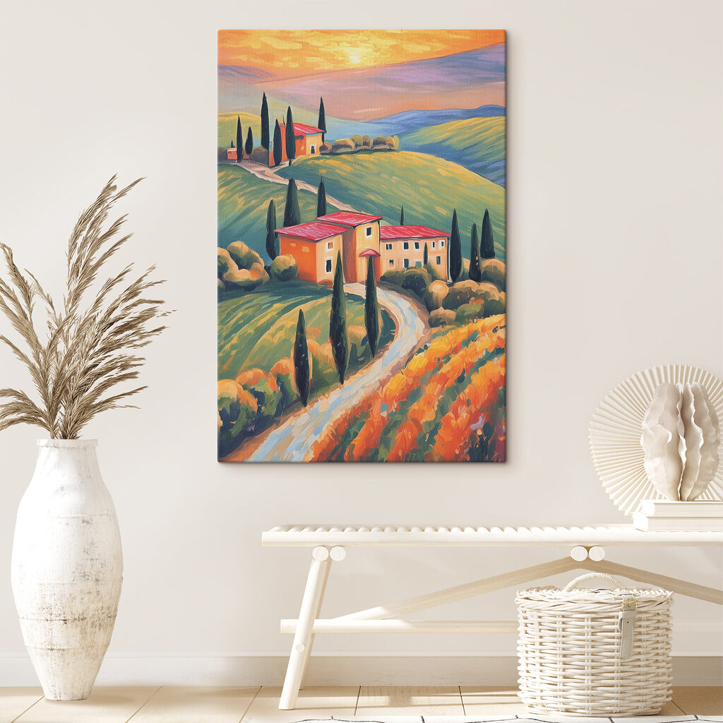 A painting of a house on a hill