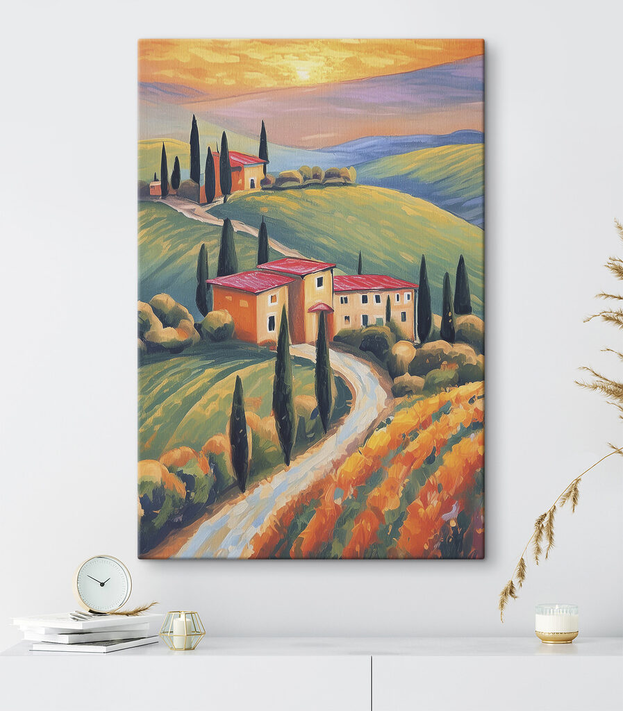 A painting of a house on a hill