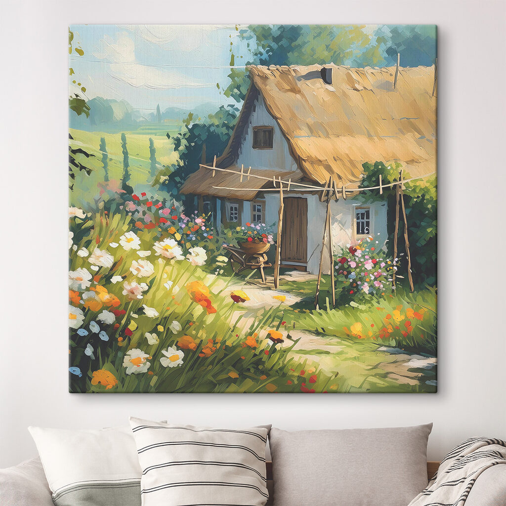 A painting of a house with flowers and plants A painting of a house with flowers and plants