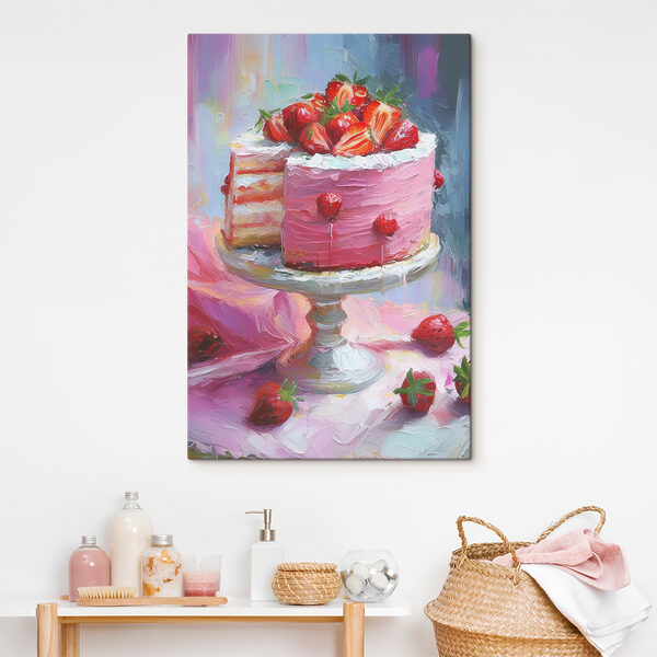 O pictură a unui tort cu căpșuni pe partea de sus O pictură a unui tort cu căpșuni pe partea de sus