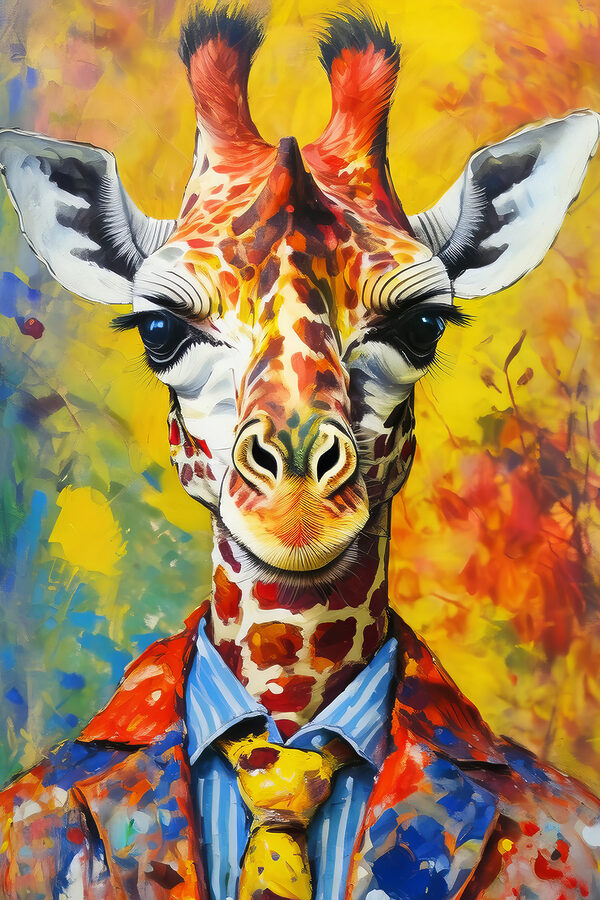 O pictură a unei girafe purtând o cămașă O pictură a unei girafe purtând o cămașă