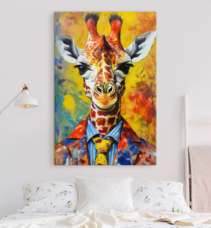 O pictură a unei girafe purtând o cămașă