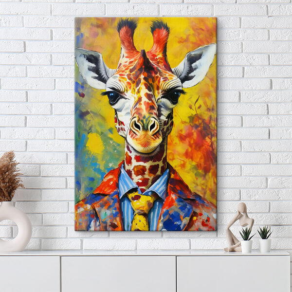 O pictură a unei girafe purtând o cămașă O pictură a unei girafe purtând o cămașă