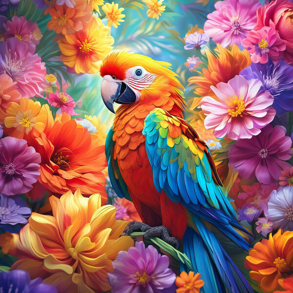 O pasăre colorată așezată pe o creangă înconjurată de flori O pasăre colorată așezată pe o creangă înconjurată de flori