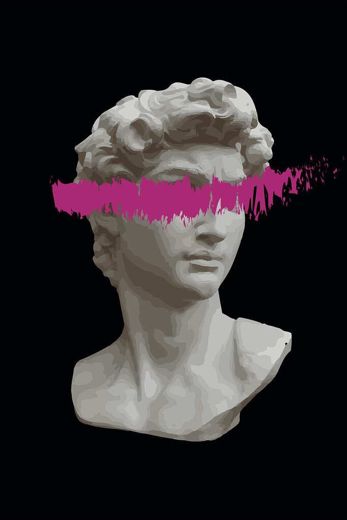A statue of a man with a pink line
