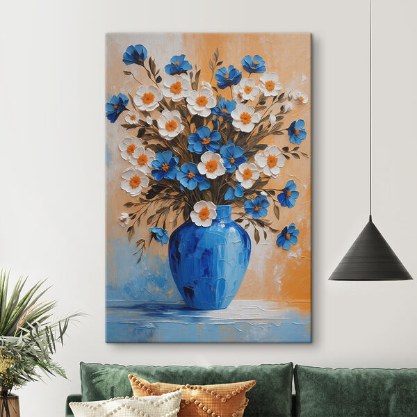 A painting of flowers in a blue vase A painting of flowers in a blue vase