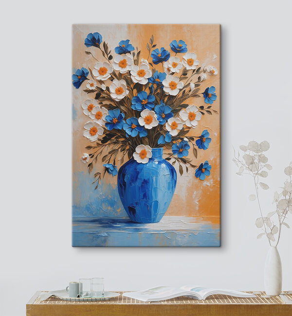 A painting of flowers in a blue vase A painting of flowers in a blue vase