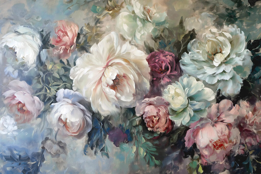 A painting of flowers on a blue background A painting of flowers on a blue background