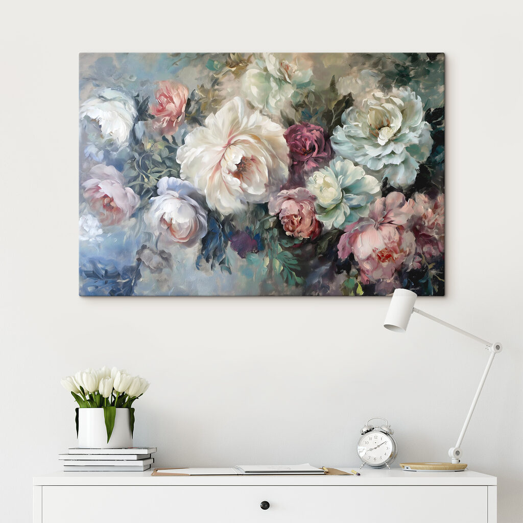 A painting of flowers on a blue background A painting of flowers on a blue background