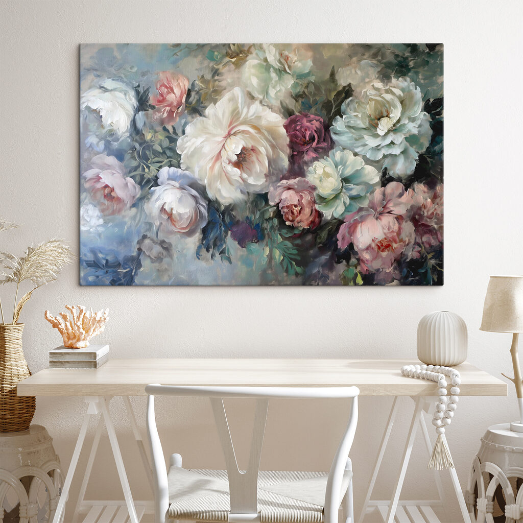 A painting of flowers on a blue background A painting of flowers on a blue background