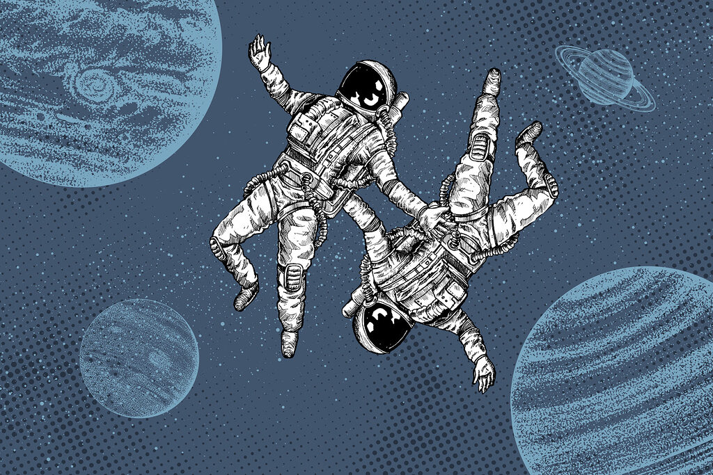 Doi astronauți plutind în spațiu Doi astronauți plutind în spațiu