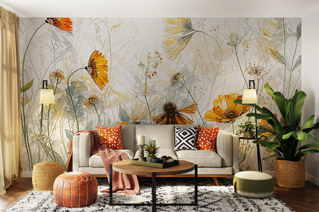 A painting of flowers and leaves