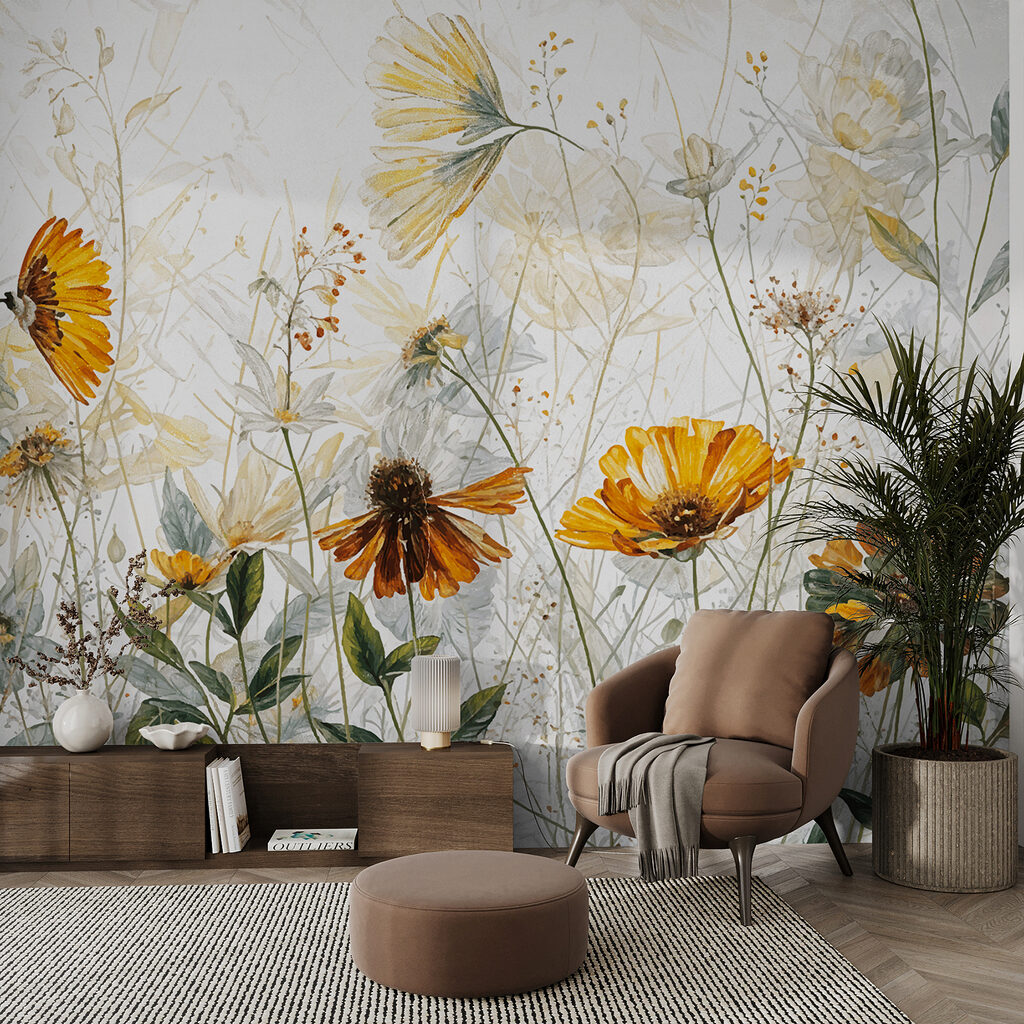 A painting of flowers and leaves