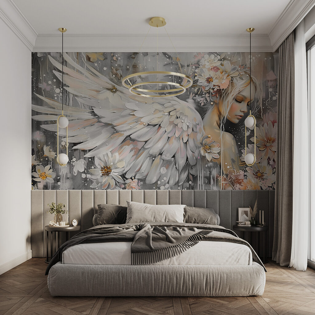 A painting of a woman with wings and flowers