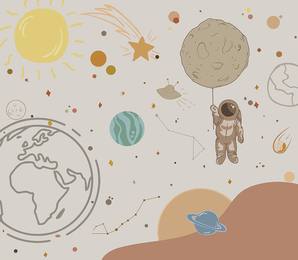 Un desen animat cu un astronaut care ține o planetă în spațiu Un desen animat cu un astronaut care ține o planetă în spațiu