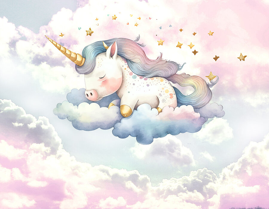 Un unicorn care doarme pe nori