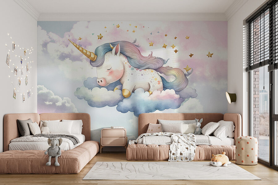 Un unicorn care doarme pe nori