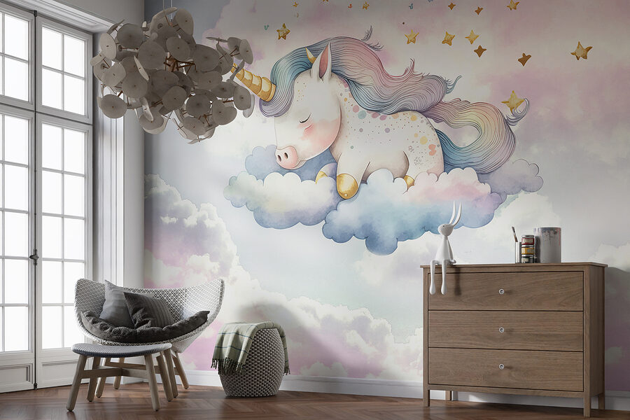 Un unicorn care doarme pe nori