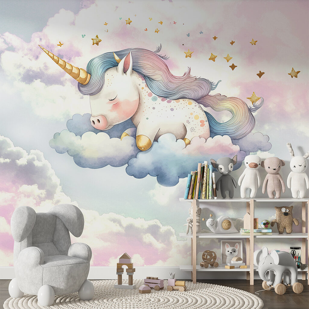 A unicorn sleeping on clouds