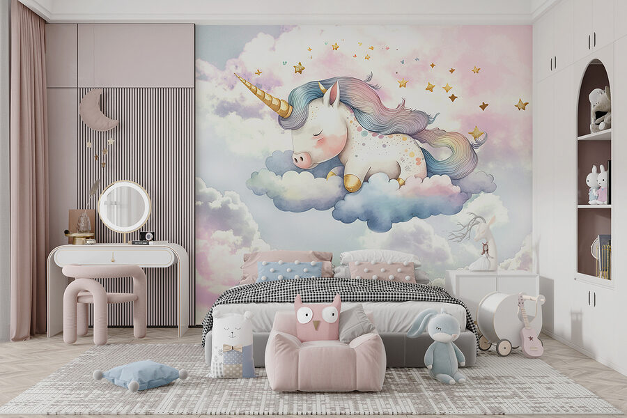Un unicorn care doarme pe nori