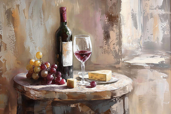 A wine bottle and grapes on a table A wine bottle and grapes on a table
