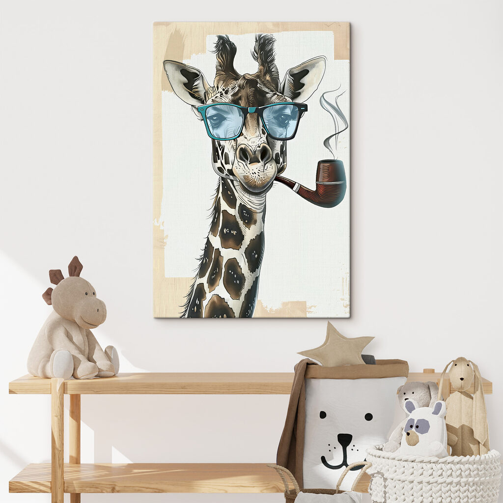 A giraffe wearing sunglasses and smoking pipe